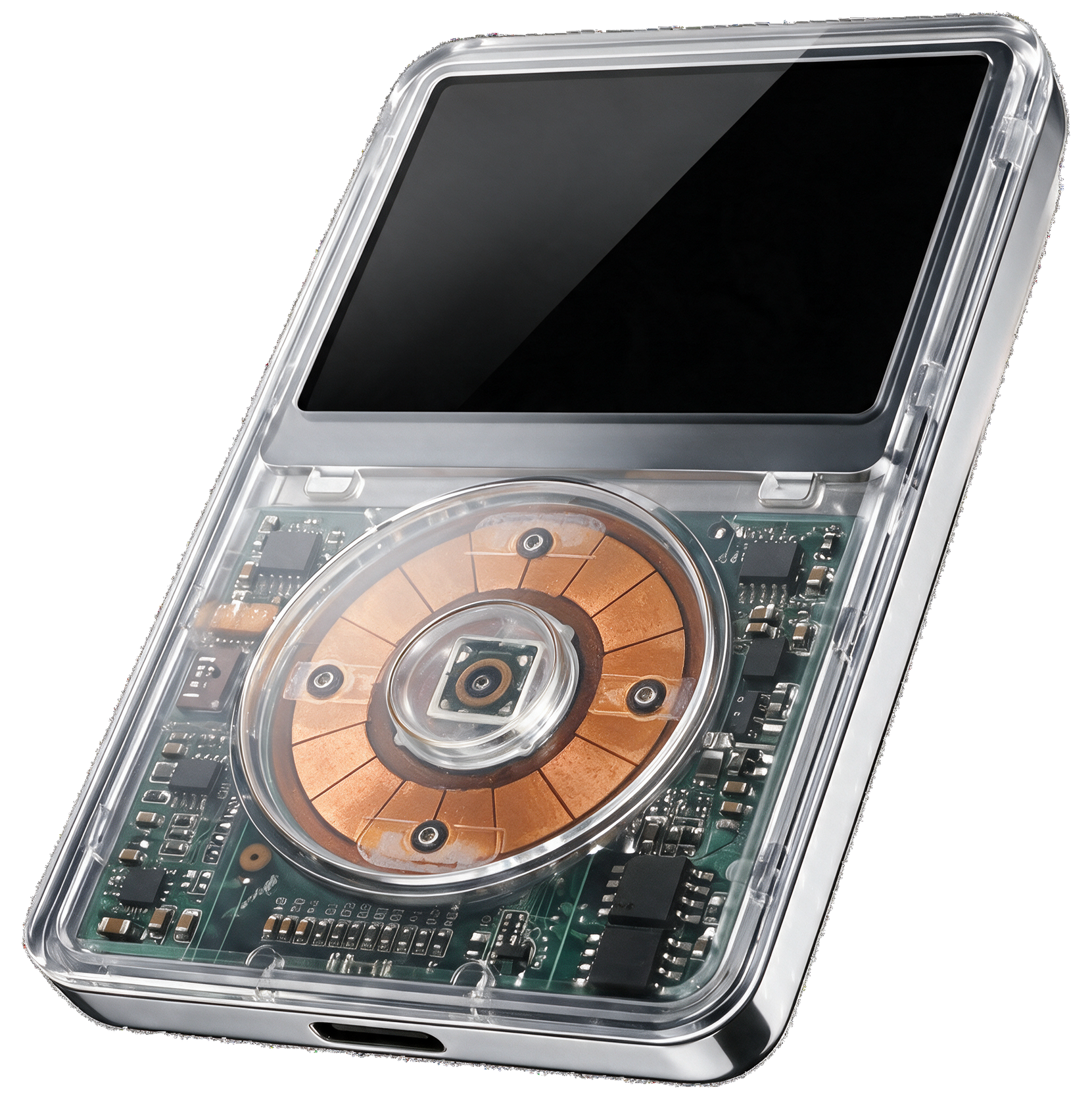 Ghost &mdash; front three-quarter view, fully clear transparent iPod Classic.
